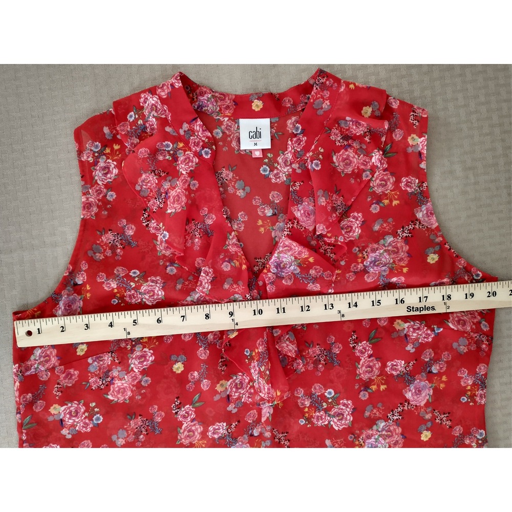 CAbi Crush‎ 5219 Red Floral Ruffle V-Neck Chiffon Cottagecore Blouse Size Medium